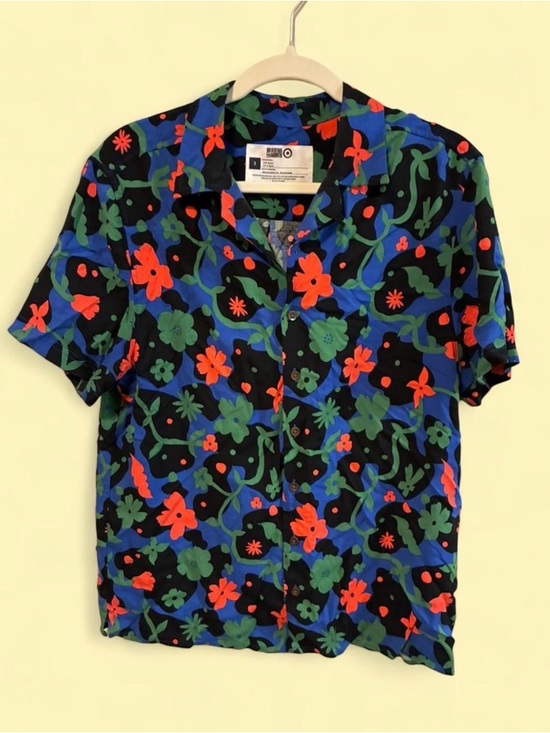Target Tops - Black Floral Button-Up Shirt with Green & Blue Vines